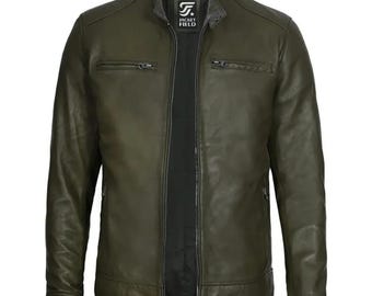 Men's Olive Green Lambskin Leather Jacket, Cafe Racer Motorcycle Bomber Jacket