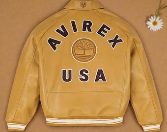 Men's Yellow USA Iconic Avirex Leather Jacket, Handmade Flight Cropped American Pilot Coat,