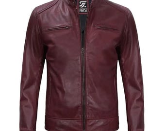 Men's Maroon Leather Jacket, Cafe Biker Racer Winter Jacket, Handmade Stylish Bomber Outfit