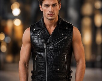 Gilet de motard pour homme en cuir noir embossé crocodile, gilet western vintage fait main, veste sans manches en cuir de vachette véritable style cowboy