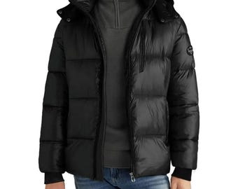 Chaqueta acolchada de nailon negra con capucha para hombre, hecha a mano, impermeable, de plumón, para invierno.