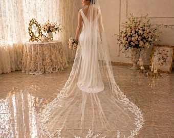 Cathedral Leaf Lace Wedding Veil - Floral Lace Beaded with Sequins - 1-Tier Ivory Bridal Veil - Long Bridal Veil for Bride