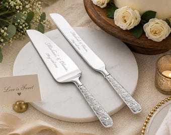 Personalized Wedding CAKE CUTTING SET Gold Silver Serving Cutter Knife Server Minimalist Rustic Vintage Classic Engagement Custom Mothers