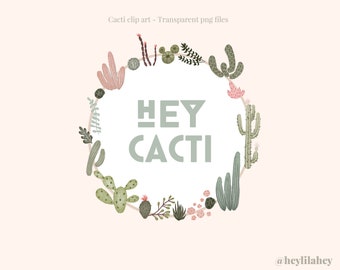 May include: A wreath of various cacti and succulents in shades of green, pink, and brown, with the text "HEY CACTI" in the center. The wreath is on a light pink background.