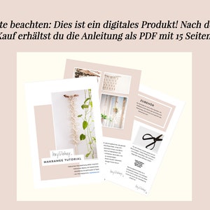May include: A digital download for a macrame tutorial. The image shows a white macrame wall hanging with green plants, a close-up of the macrame knots, and a page from the tutorial with the text "ZUBEH&Ouml;R" and a pair of scissors.