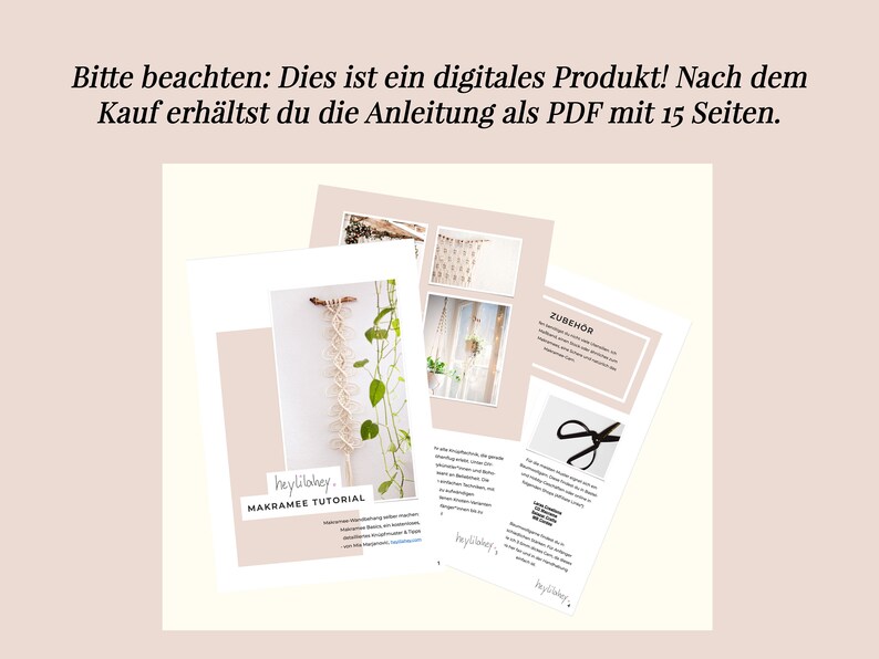 May include: A digital download for a macrame tutorial. The image shows a white macrame wall hanging with green plants, a close-up of the macrame knots, and a page from the tutorial with the text "ZUBEH&Ouml;R" and a pair of scissors.