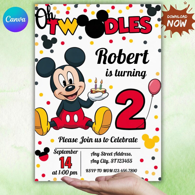 K&ouml;nnte beinhalten: Eine farbenfrohe Geburtstagseinladung mit Mickey Mouse, die einen Kuchen h&auml;lt. Der Text lautet "Oh Twoodles" und "Robert wird 2". Die Einladung enth&auml;lt Veranstaltungsdetails: Datum, Uhrzeit, Adresse und RSVP-Informationen. Das Design enth&auml;lt Punkte und Mickey Mouse Silhouetten.