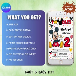 K&ouml;nnte beinhalten: Ein Smartphone zeigt eine digitale Geburtstagseinladung mit Mickey Mouse-Motiv. Die Einladung lautet "Oh Twoodles" und "Robert wird 2". Das Design beinhaltet einen roten Ballon und das Datum 14. September.