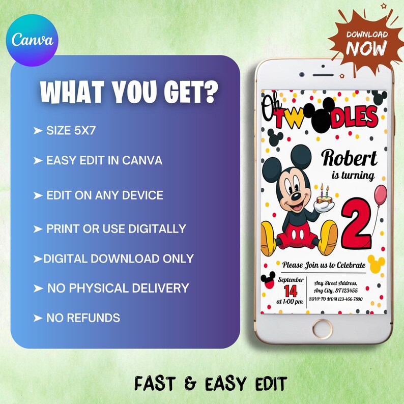 K&ouml;nnte beinhalten: Ein Smartphone zeigt eine digitale Geburtstagseinladung mit Mickey Mouse-Motiv. Die Einladung lautet "Oh Twoodles" und "Robert wird 2". Das Design beinhaltet einen roten Ballon und das Datum 14. September.