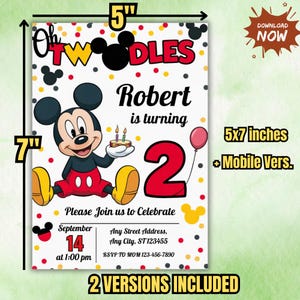 K&ouml;nnte beinhalten: Eine 12,7 x 17,8 cm gro&szlig;e Einladung mit Mickey Mouse-Motiv. Die Einladung lautet "Oh Twodles" und "Robert wird 2". Sie enth&auml;lt Details f&uuml;r eine Geburtstagsfeier am 14. September. Die Einladung ist 12,7 cm breit und 17,8 cm hoch.
