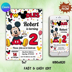 K&ouml;nnte beinhalten: Eine Geburtstagseinladung mit Mickey Mouse, die einen Kuchen h&auml;lt. Der Text lautet "Oh Twodles" und "Robert wird 2". Das Design enth&auml;lt Eventdetails und einen Handy-Bildschirm-Mockup. Das Design ist farbenfroh mit Tupfen.