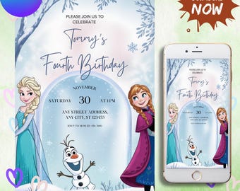 Frozen Birthday Invitation: Winter Snow, Elsa and Anna (Digital Editable Canva Template)