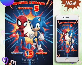 Spiderman und Sonic-Geburtstagseinladung, Geschwister-Geburtstag einladen, bedruckbar und bearbeitbar, lustiges Design für Kinder, doppelter Geburtstag lädt ein
