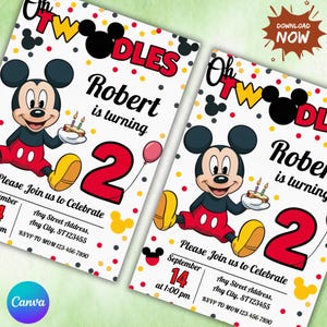 K&ouml;nnte beinhalten: Zwei Geburtstagseinladungen im Mickey-Mouse-Design. Jede Einladung zeigt Mickey Mouse mit einem Kuchen mit Kerzen, dem Text "Oh TWODLES" und dem Namen "Robert" mit der Zahl "2". Die Einladungen haben einen Hintergrund mit Punkten.