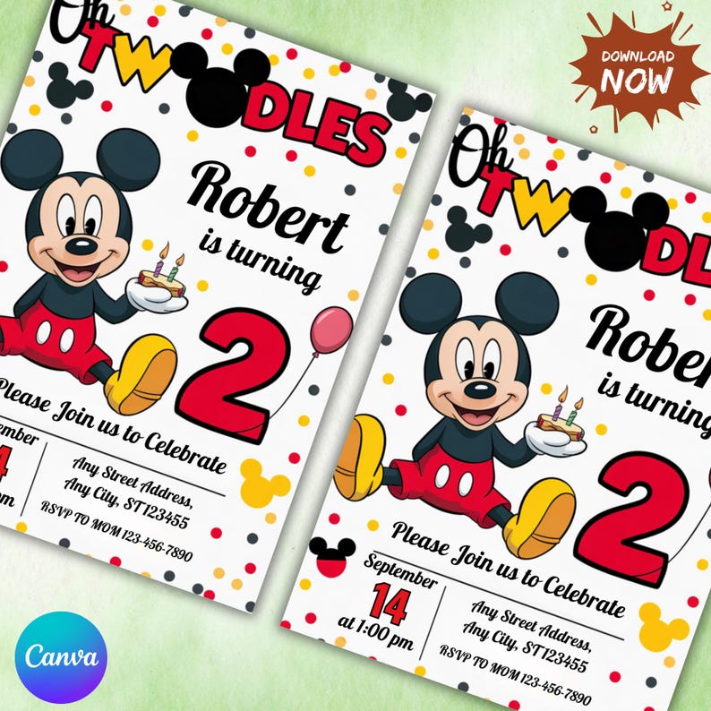 K&ouml;nnte beinhalten: Zwei Geburtstagseinladungen im Mickey-Mouse-Design. Jede Einladung zeigt Mickey Mouse mit einem Kuchen mit Kerzen, dem Text "Oh TWODLES" und dem Namen "Robert" mit der Zahl "2". Die Einladungen haben einen Hintergrund mit Punkten.