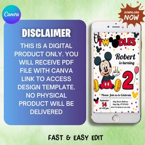 K&ouml;nnte beinhalten: Eine digitale Geburtstagseinladung auf einem Smartphone-Bildschirm mit Micky Maus. Das Design enth&auml;lt den Text "Oh Two-dles", "Robert wird 2" und Veranstaltungsdetails. Ein Haftungsausschluss und das Canva-Logo sind ebenfalls vorhanden.