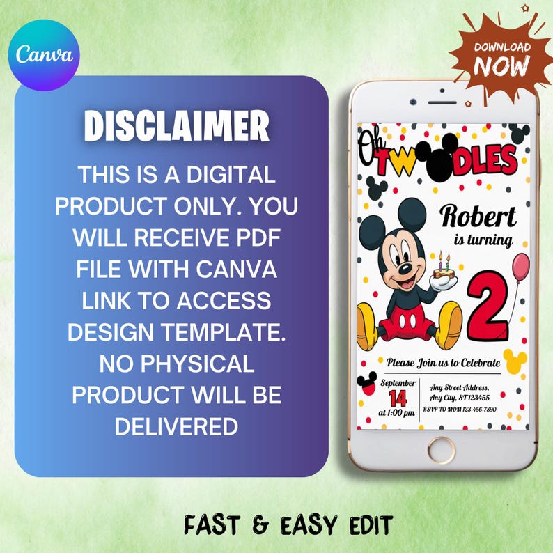K&ouml;nnte beinhalten: Eine digitale Geburtstagseinladung auf einem Smartphone-Bildschirm mit Micky Maus. Das Design enth&auml;lt den Text "Oh Two-dles", "Robert wird 2" und Veranstaltungsdetails. Ein Haftungsausschluss und das Canva-Logo sind ebenfalls vorhanden.