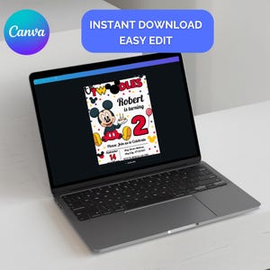 K&ouml;nnte beinhalten: Ein Laptop zeigt eine Geburtstagseinladung mit Mickey Mouse-Motiv. Die Einladung lautet "Two Doodles" und "Robert wird 2". Das Design verwendet rote und gelbe Farben, mit dem Text "Instant Download Easy Edit" oben.