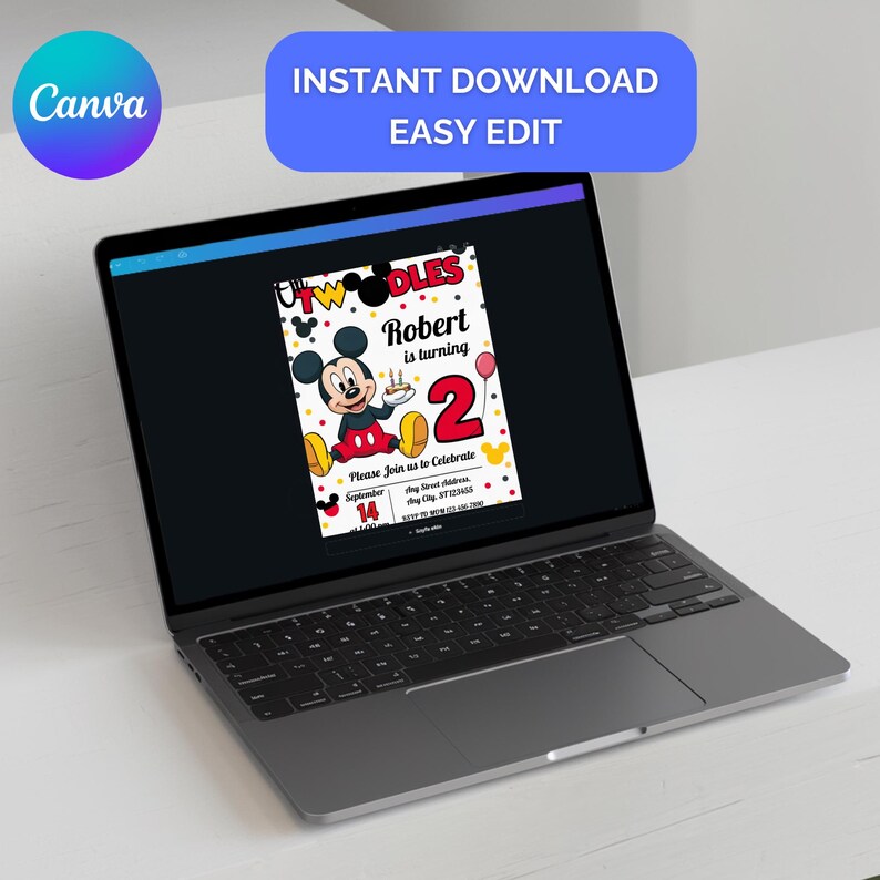 K&ouml;nnte beinhalten: Ein Laptop zeigt eine Geburtstagseinladung mit Mickey Mouse-Motiv. Die Einladung lautet "Two Doodles" und "Robert wird 2". Das Design verwendet rote und gelbe Farben, mit dem Text "Instant Download Easy Edit" oben.