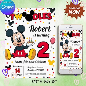 May include: A birthday invitation featuring Mickey Mouse holding a cake with candles. The invitation reads "Oh Twodles" and "Robert is turning 2." Additional text includes the date, time, address, and RSVP information. A smartphone displays the same design.