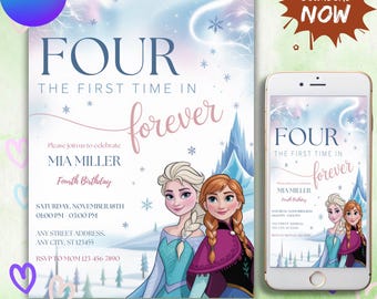Frozen Birthday Invitation, Elsa Winter Party Editable Canva Template