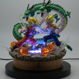 Lámpara 3D de Dragon Ball de resina epoxi hecha a mano con luz LED / Diorama coleccionable de Goku vs. Vegeta / Regalo único para fanáticos