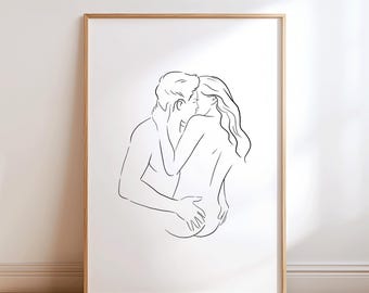 Póster: Ilustración de pareja con arte lineal | Arte corporal minimalista | Decoración de pared sensual y motivo de amor estético para el dormitorio