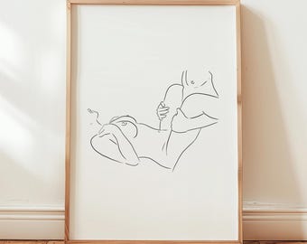Póster: Arte corporal minimalista con líneas | Motivo estético de pareja | Decoración de pared sensual para dormitorio y sala de estar