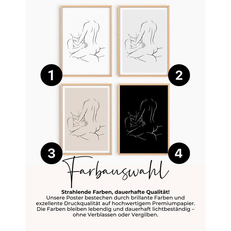 Puede incluir: Cuatro impresiones art&iacute;sticas enmarcadas con dibujos lineales de figuras abraz&aacute;ndose. Las impresiones est&aacute;n en blanco sobre blanco, negro sobre blanco, beige sobre beige y blanco sobre negro. El texto "Farbauswahl" es visible, junto con texto alem&aacute;n adicional.