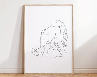 Póster: Arte corporal minimalista con líneas | Motivo estético de pareja | Decoración de pared sensual para dormitorio y sala de estar