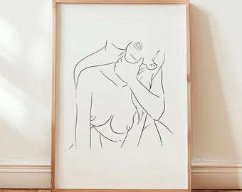 Póster: Ilustración minimalista de pareja | Arte lineal sensual | Decoración de pared moderna para dormitorio y sala