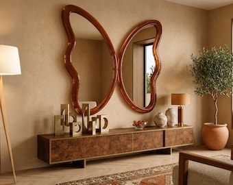 Amber Epoxy Butterfly Mirror – Crystal Clear Resin Wall Mirror – Handmade Sculptural Statement Decor for Modern Luxury Interiors