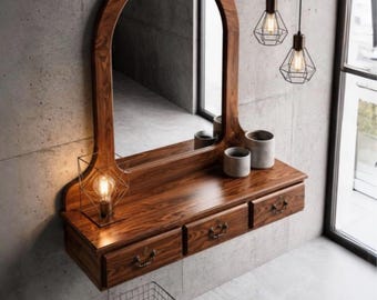 Solid Walnut Vanity Mirror with Drawers, Handmade Arched Wood Mirror, Bathroom Vanity, Wooden Wall Mirror, Rustic Farmhouse Home Decor