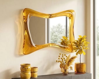 Irregular Epoxy Mirror Amber Tone, Modern Wall Mirror, Handmade Resin Frame, Aesthetic Home Decor Mirror
