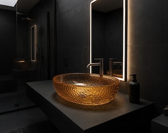 Lavabo da appoggio in resina trasparente color ambra, 41x66 cm (16"x26"), lavabo da bagno in resina epossidica fatto a mano, lavabo moderno di lusso per mobile bagno.