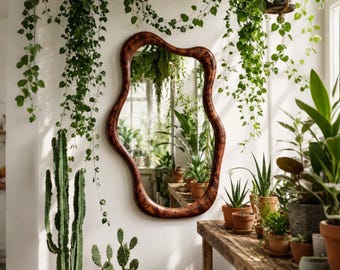 Espejo de madera de nogal irregular hecho a medida – Espejo de pared orgánico hecho a mano – Espejo de madera rústico moderno – Decoración escultural para el hogar