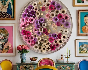 Crystal Clear Round Epoxy Wall Decor – Colorful Floral Resin Statement Piece – Luxury Handmade Modern Home Decoration