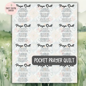 May include: A sheet of pocket prayer quilts with a floral design in the background. Each prayer quilt features the text "Prayer Quilt" and a short poem. The phrase "Pocket Prayer Quilt" is in a dark grey rectangle.