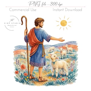 Puede incluir: Una ilustración en acuarela de un pastor con túnica azul y chal naranja, sosteniendo un bastón de madera. El pastor está en un campo de flores silvestres coloridas con cuatro corderos blancos. Un sol amarillo brilla en el cielo.
