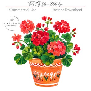 Op de afbeelding: Een digitale illustratie van een geraniumplant in een pot met levendige rode en koraalkleurige bloemen en groene bladeren. De oranje pot heeft een witte geschulpte rand en een herhalend wit bloemmotief. Tekst bevat PNG file - 300 dpi, Commercial Use, Instant Download en The Sids Studio Crafts By Sid.