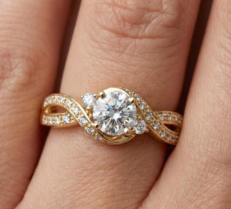 14k Gold Moissanite Engagement Ring, Crossover Infinity Pave Band ...