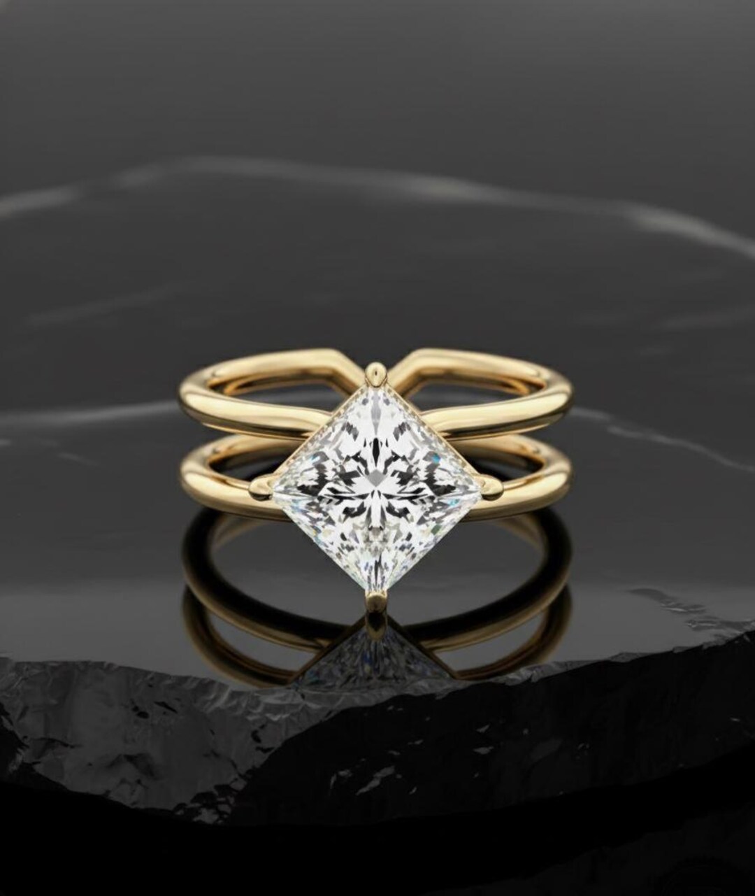 Princess Cut Split Shank Engagement Ring, Yellow Gold Dual Band ...
