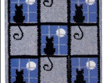 Crochet Cats and Moon Afghan and Pillow Blanket Pattern