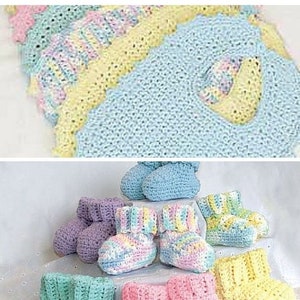 May include: A set of crocheted baby booties in various colors, including purple, pink, yellow, green, and blue. The booties have a simple design and are perfect for a newborn baby.