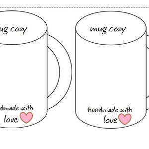 Pode incluir: Dois contornos preto e branco de canecas com o texto "mug cozy" e "feito à mão com amor" com um coração rosa.