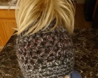 Crochet Chunky Messy Bun Hat with elastic Band Pattern Only