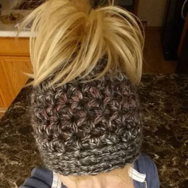Crochet Chunky Messy Bun Hat with elastic Band Pattern Only