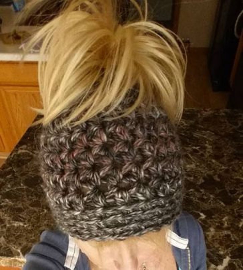 Crochet Chunky Messy Bun Hat with elastic Band Pattern Only image 1