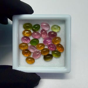 Può includere: Una collezione di gemme ovali in un vassoio quadrato bianco. Le gemme sono un mix di colori, tra cui rosa, verde e giallo. Le gemme sono lisce e lucide. Il vassoio è tenuto da una persona che indossa un guanto nero.