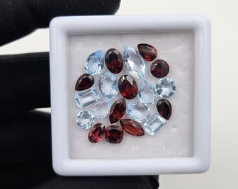 Natural Sky Blue Topaz and Red Garnet Faceted Gemstone Mix (4mm-8mm)
